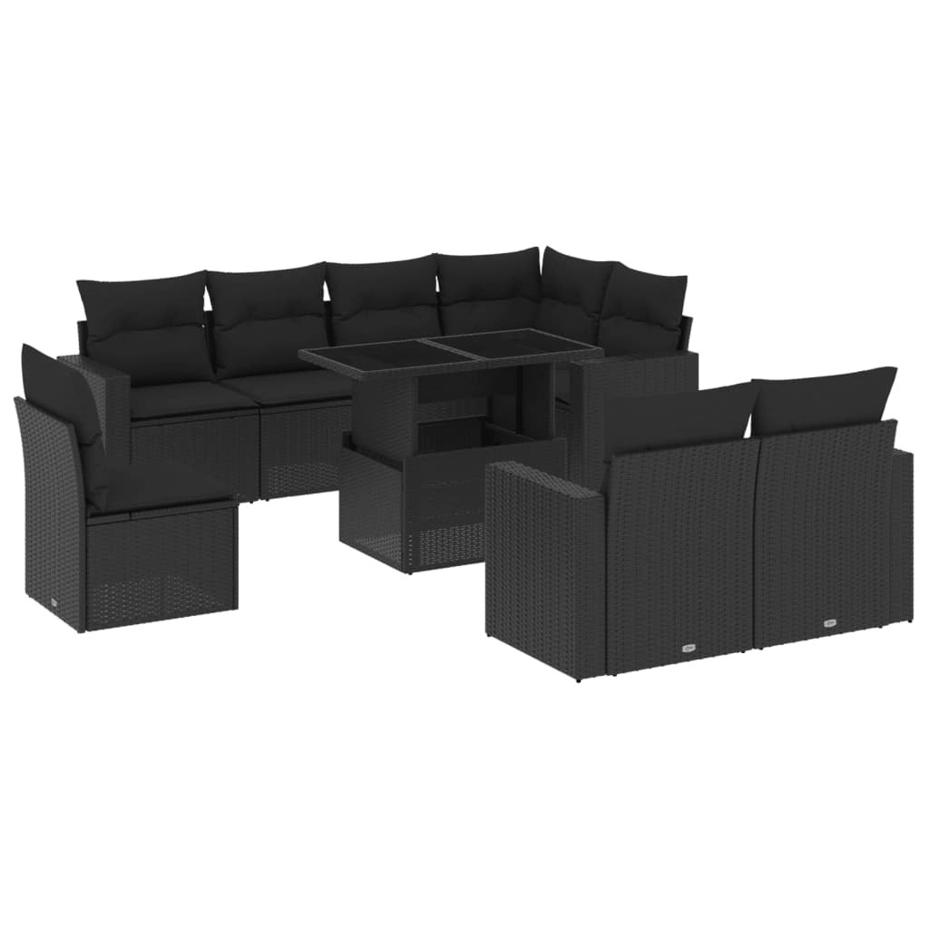 9 Piece Garden Sofa Set with Cushions Black Poly Rattan 3267405