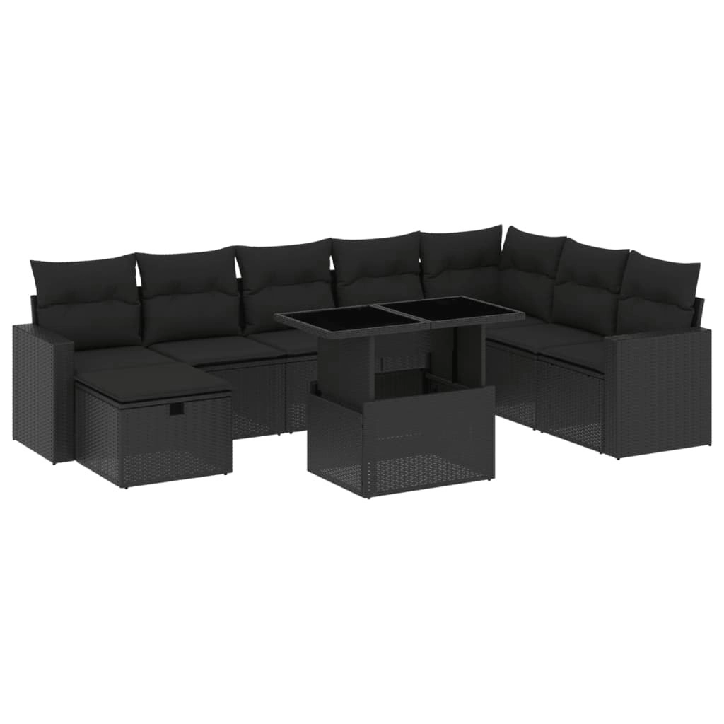 9 Piece Garden Sofa Set with Cushions Black Poly Rattan 3274865