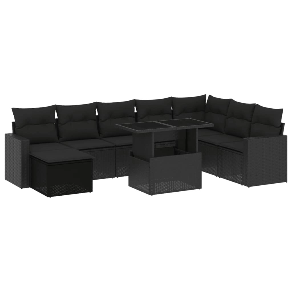 9 Piece Garden Sofa Set with Cushions Black Poly Rattan 3267465