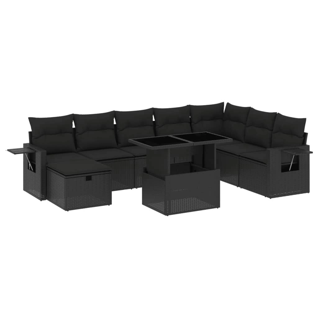 9 Piece Garden Sofa Set with Cushions Black Poly Rattan 3275025