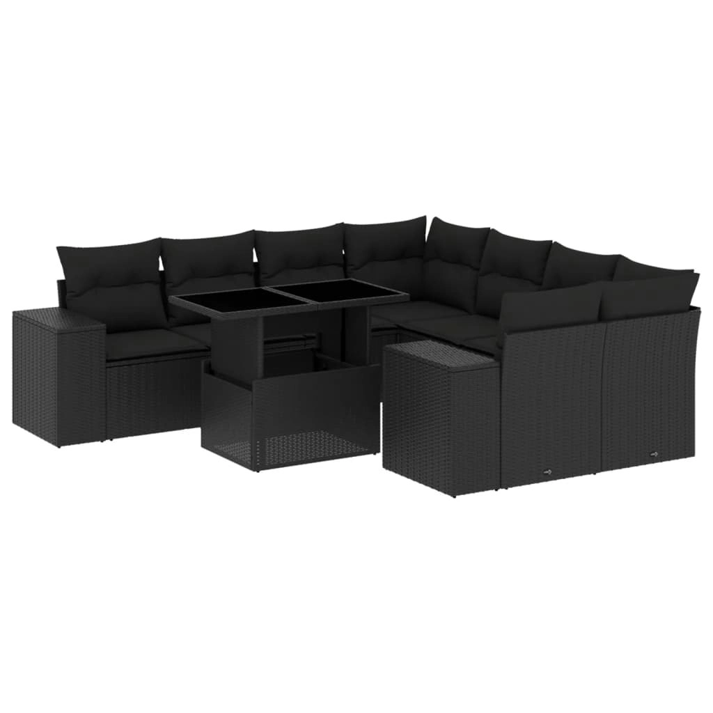 9 Piece Garden Sofa Set with Cushions Black Poly Rattan 3269055