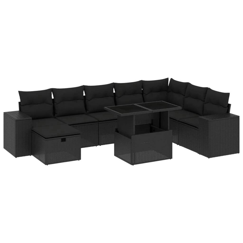 9 Piece Garden Sofa Set with Cushions Black Poly Rattan 3275345