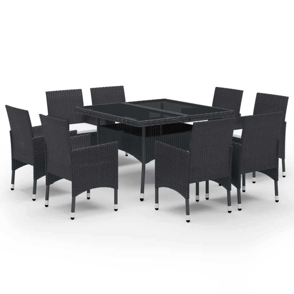 9 Piece Garden Dining Set Poly Rattan and Glass Black 3058338