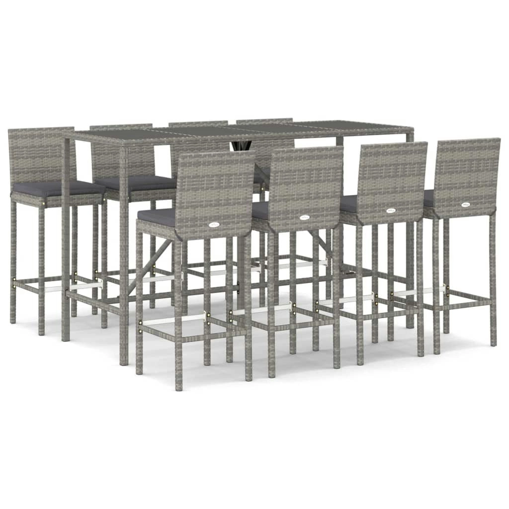 9 Piece Outdoor Bar Set with Cushions Grey Poly Rattan 3187648