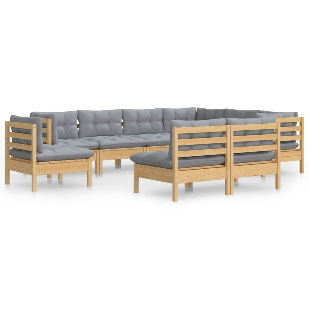 9 Piece Garden Lounge Set with Grey Cushions Solid Pinewood 3096742