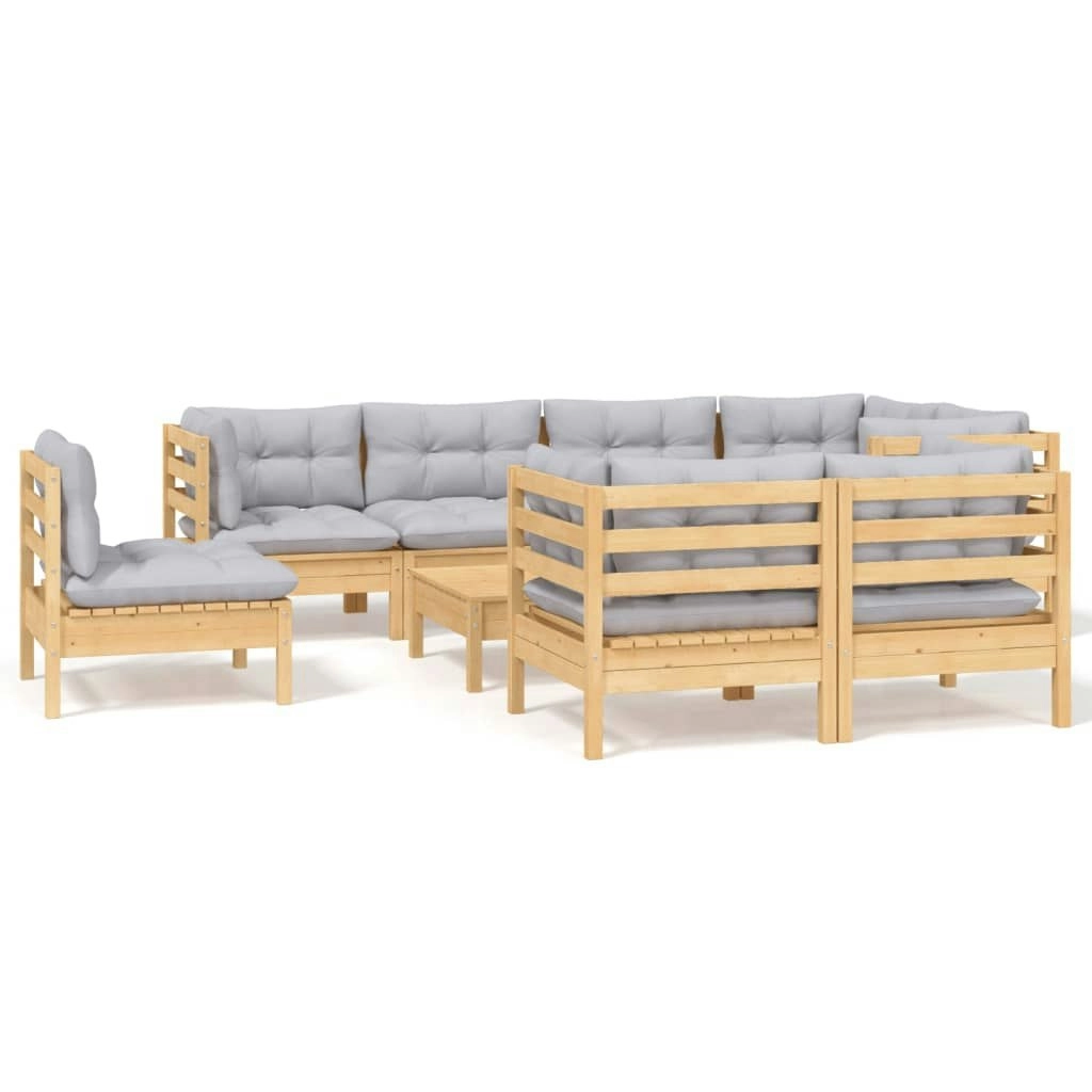 9 Piece Garden Lounge Set with Grey Cushions Solid Pinewood 3096519