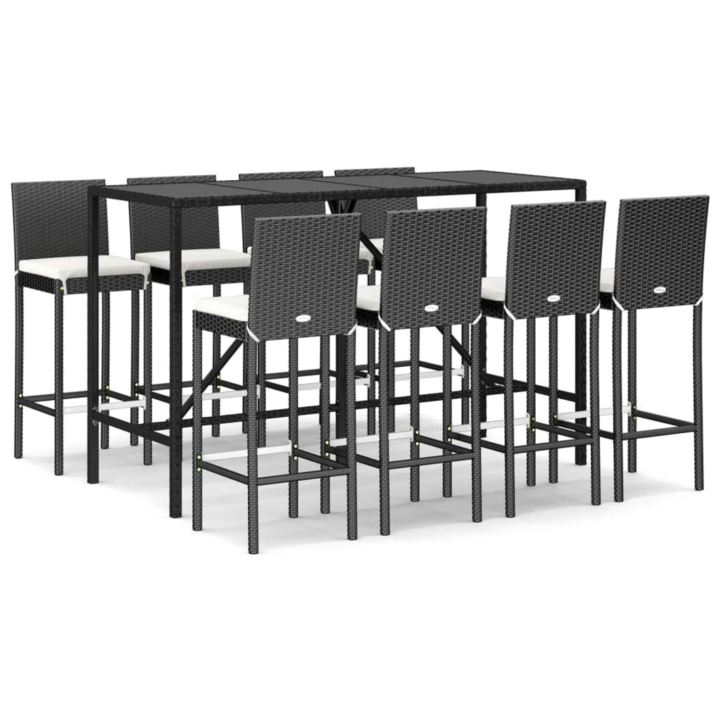 9 Piece Outdoor Bar Set with Cushions Black Poly Rattan 3187647