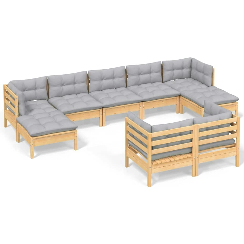 9 Piece Garden Lounge Set with Grey Cushions Solid Pinewood 3097126