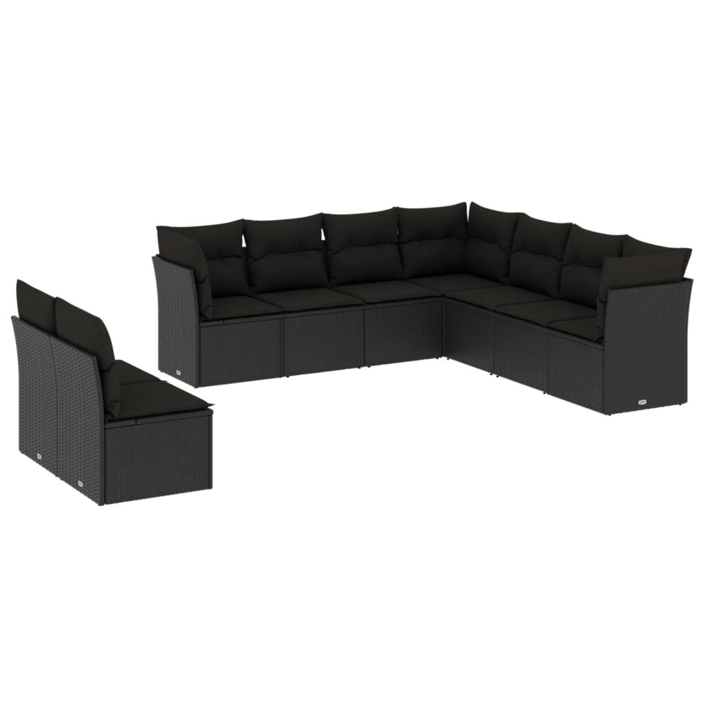 9 Piece Garden Sofa Set with Cushions Black Poly Rattan 3217835