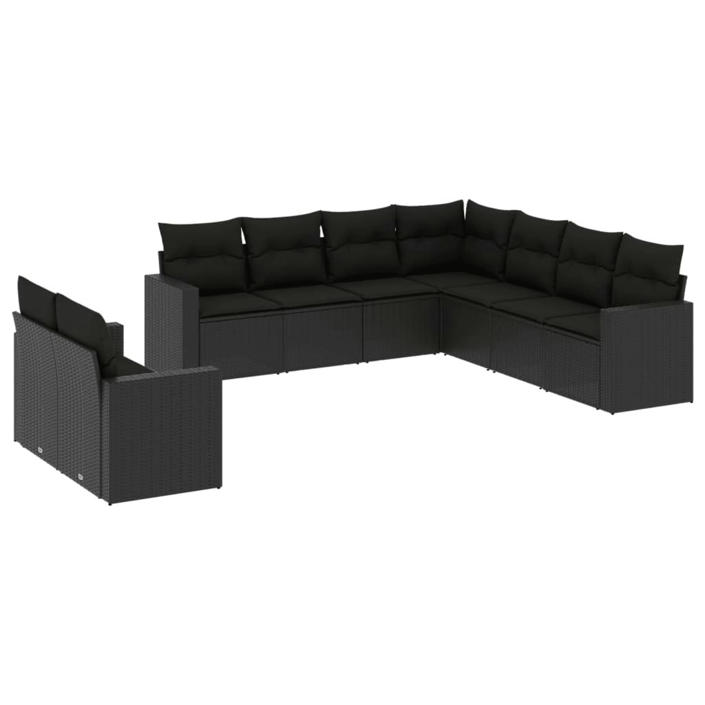 9 Piece Garden Sofa Set with Cushions Black Poly Rattan 3219135