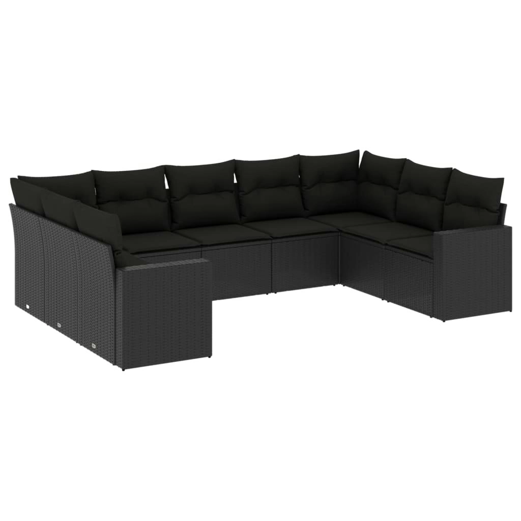 9 Piece Garden Sofa Set with Cushions Black Poly Rattan 3219385