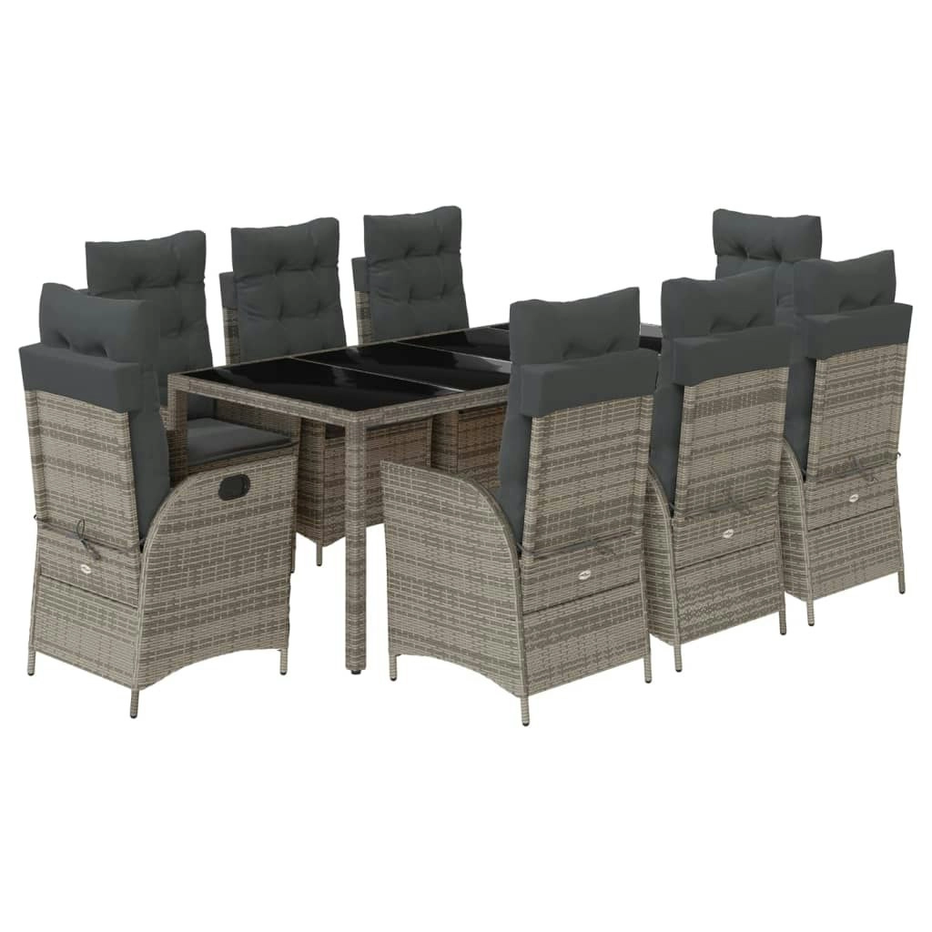 9 Piece Garden Dining Set with Cushions Grey Poly Rattan 3213084