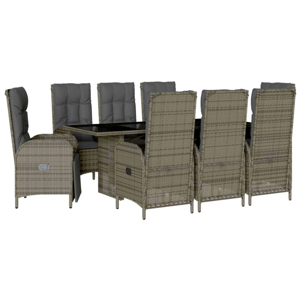 9 Piece Garden Dining Set with Cushions Grey Poly Rattan 3213529