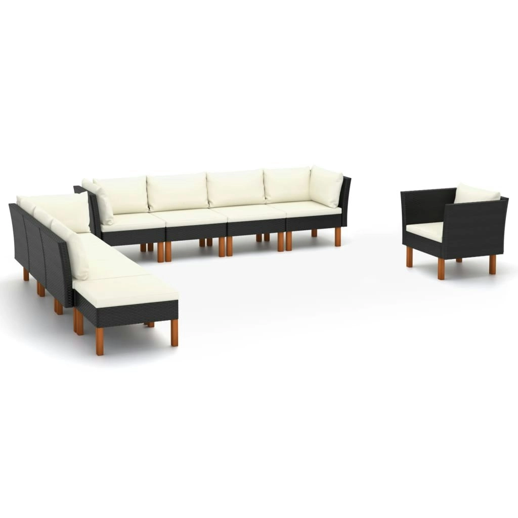 9 Piece Garden Lounge Set Poly Rattan and Eucalyptus Wood Black 3082089