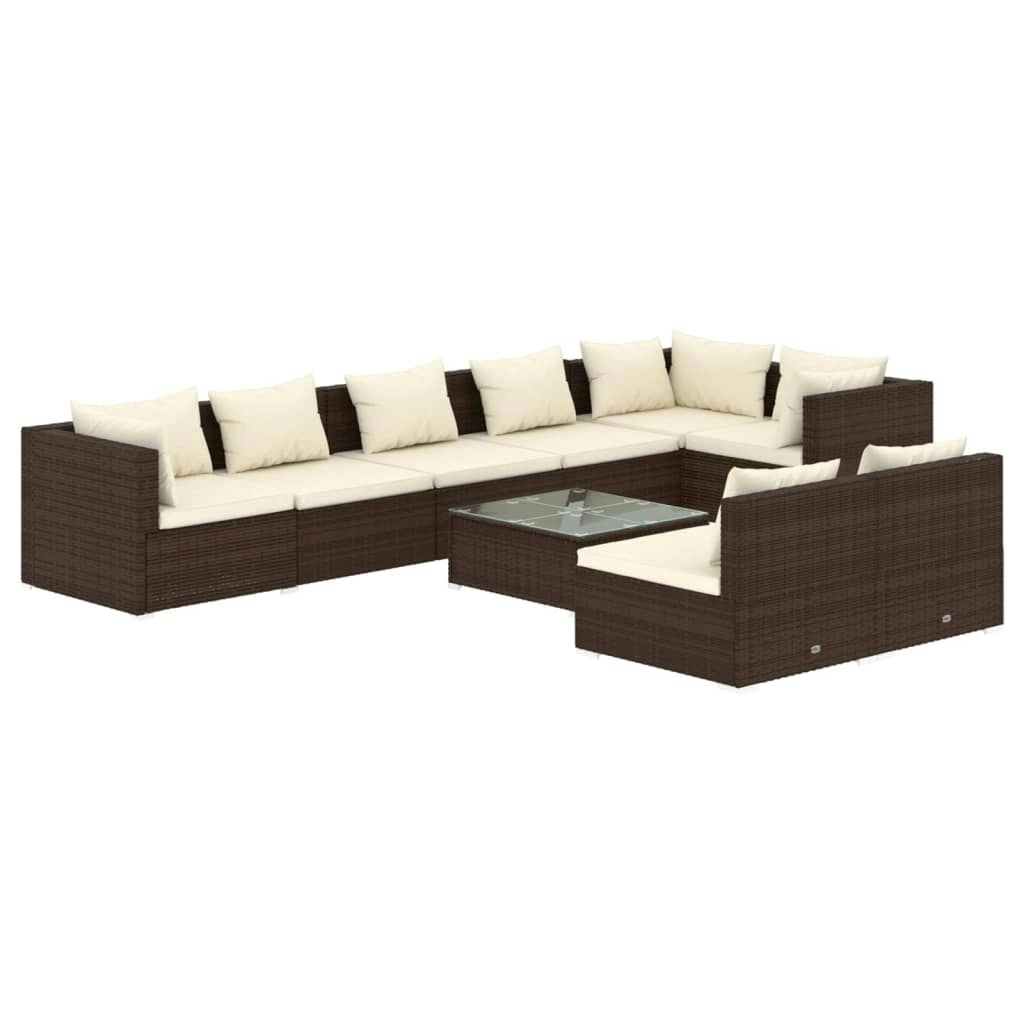 9 Piece Garden Lounge Set with Cushions Brown Poly Rattan 3102410