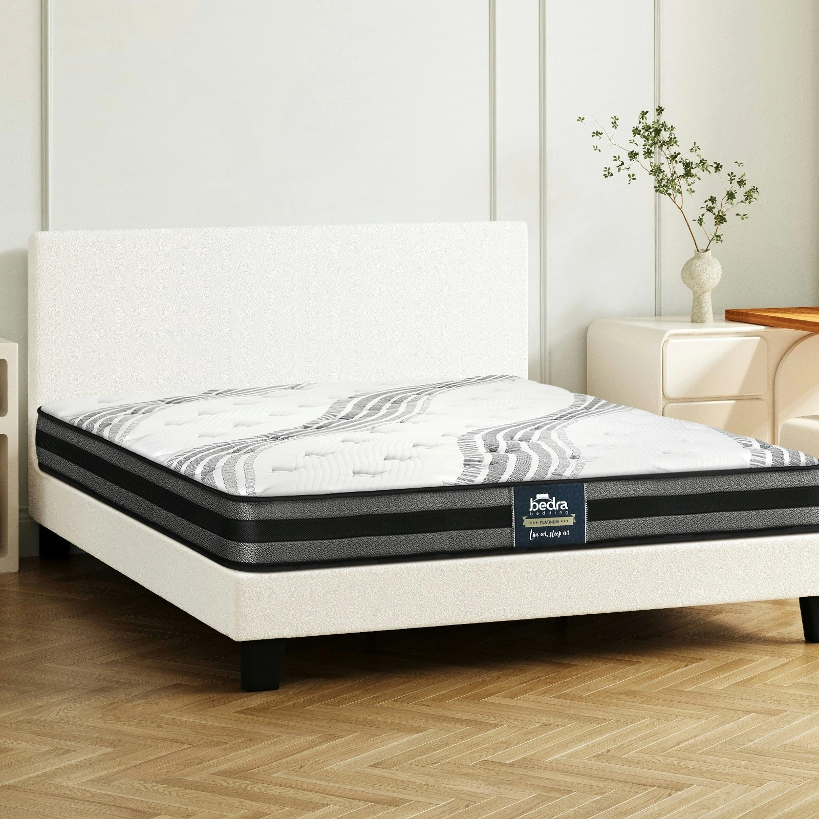 Oikiture Bed Frame with Double Size Mattress Set White Boucle