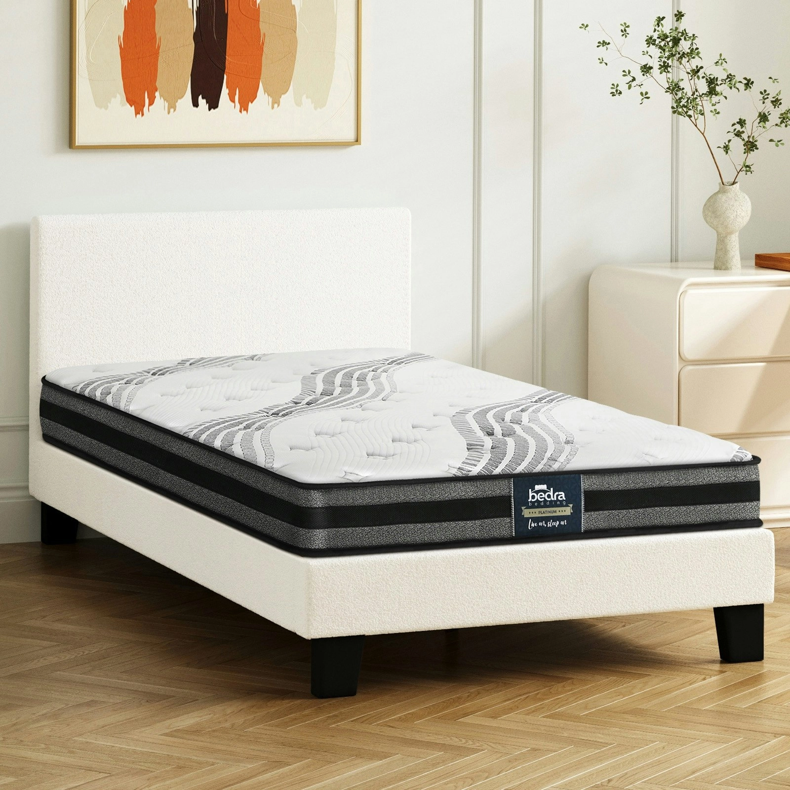 Oikiture Bed Frame with King Single Mattress Set White Boucle