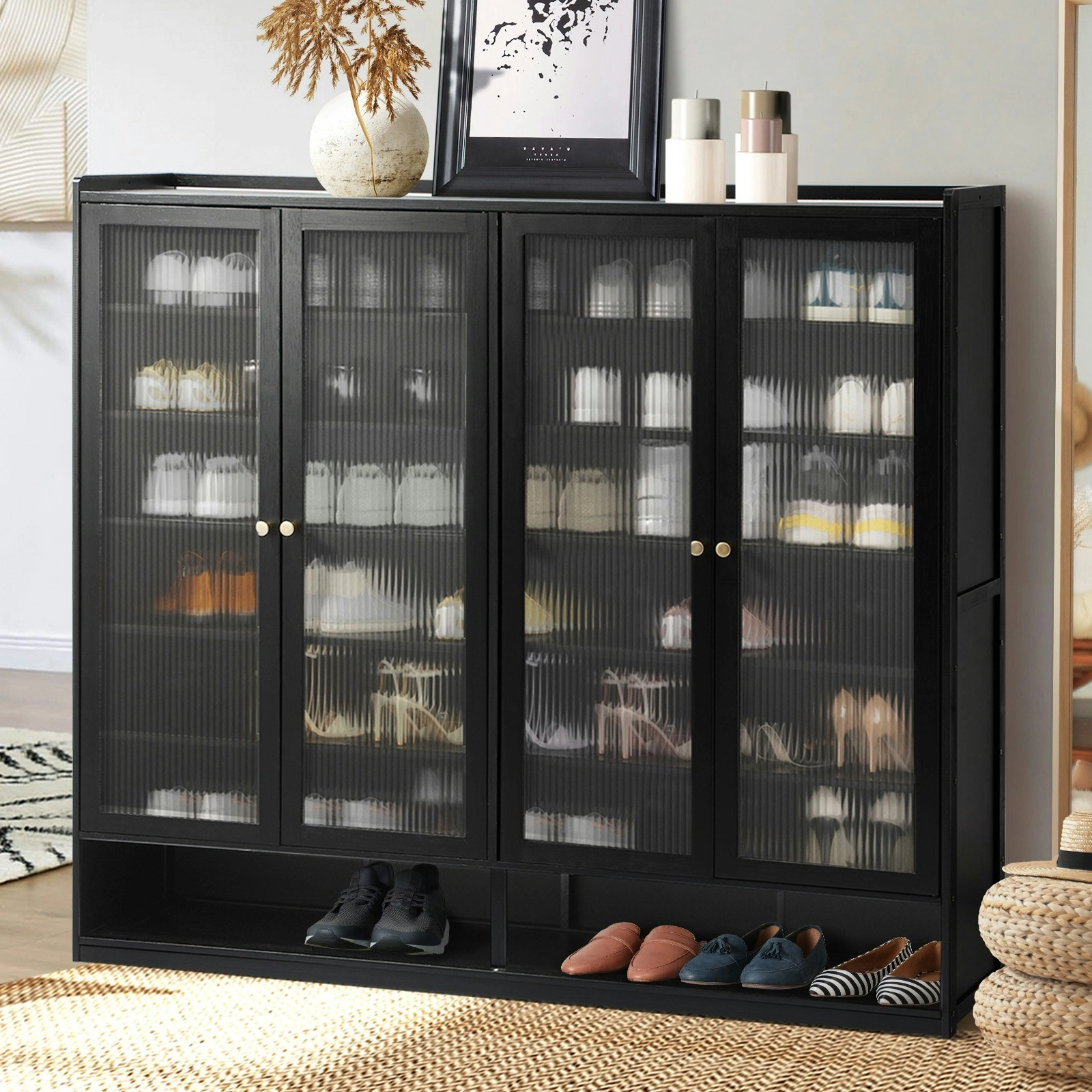 Oikiture Shoe Cabinet Shoes Storage Rack Organiser 4 Doors Shelf Black