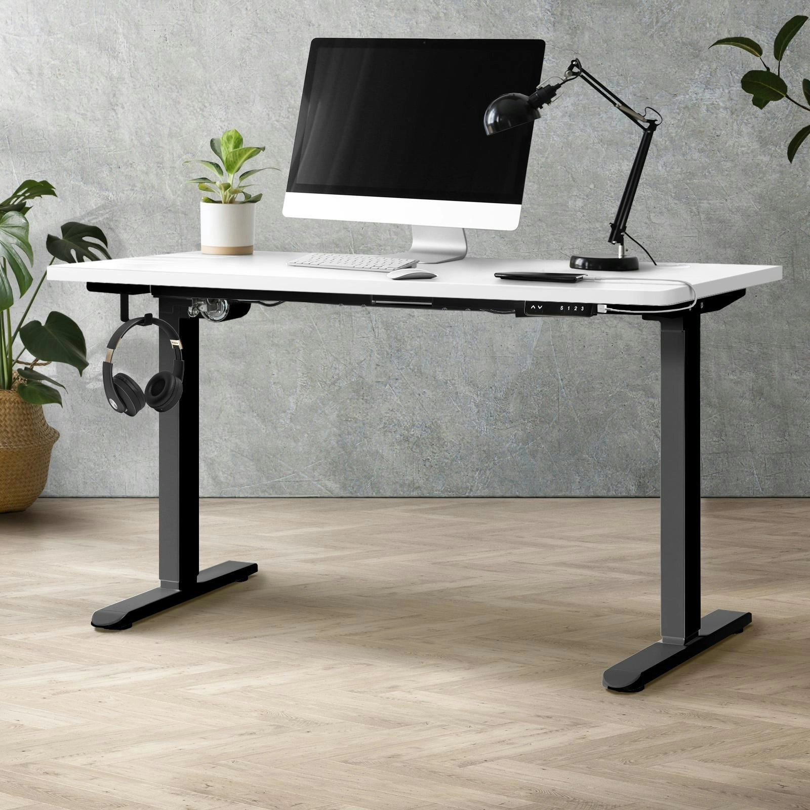 Oikiture 120CM Electric Standing Desk Single Motor Black Frame White Desktop With USB&Type C Port