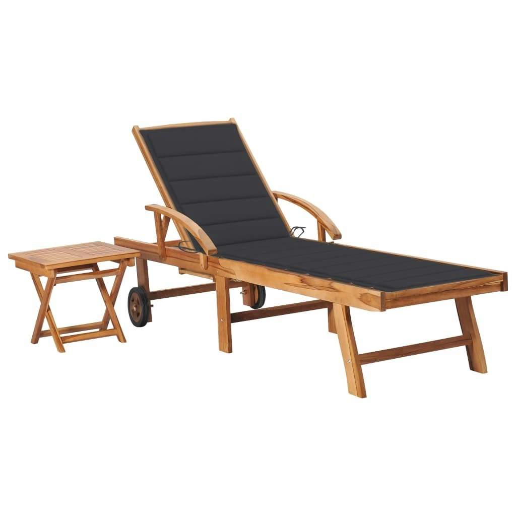 Sun Lounger with Table and Cushion Solid Teak Wood 3063021