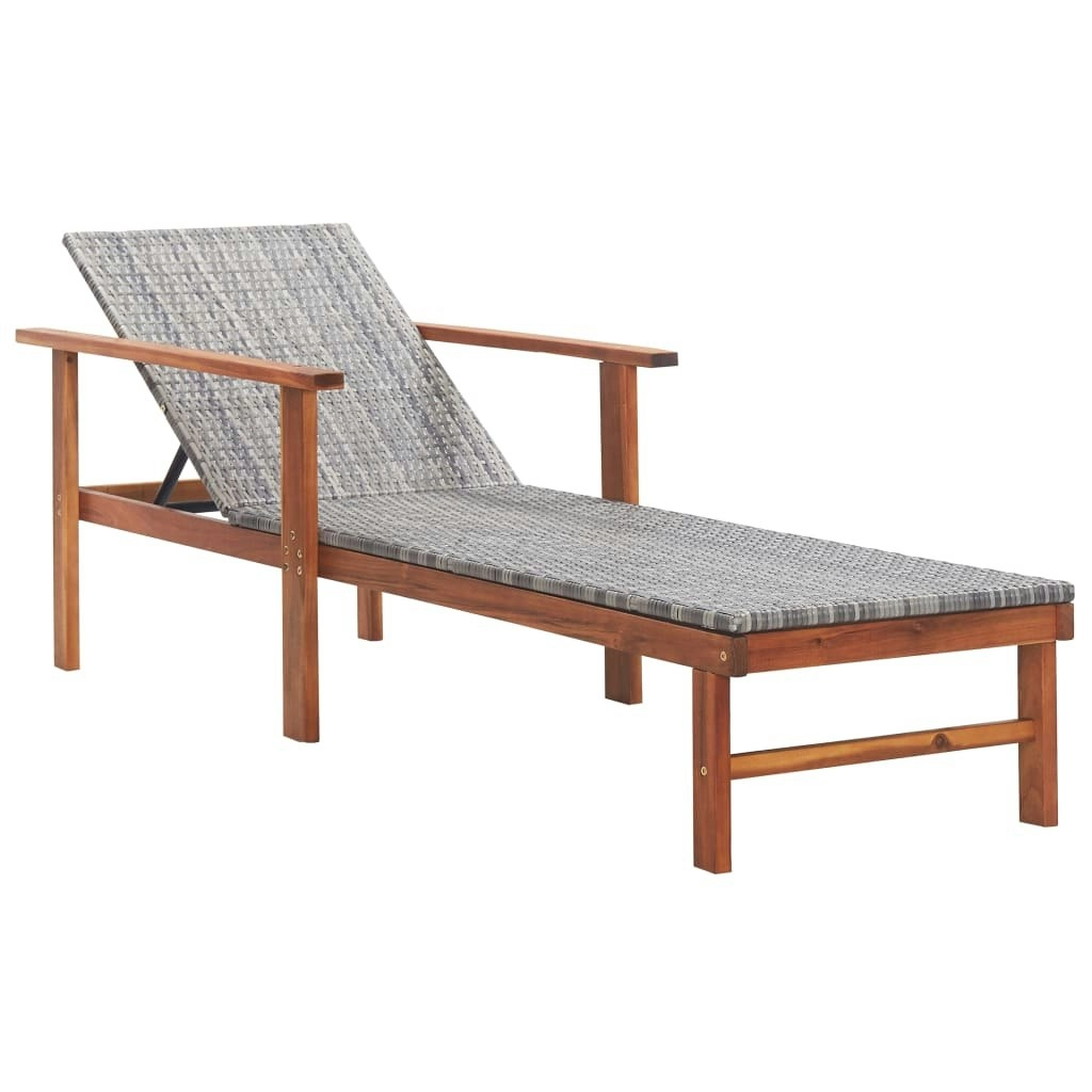 Sun Lounger Poly Rattan and Solid Acacia Wood Grey 48704