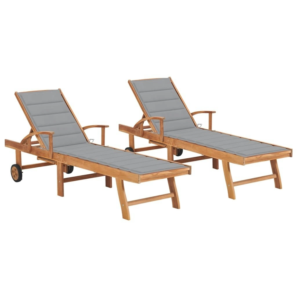 Sun Loungers 2 pcs with Grey Cushion Solid Teak Wood 3073187