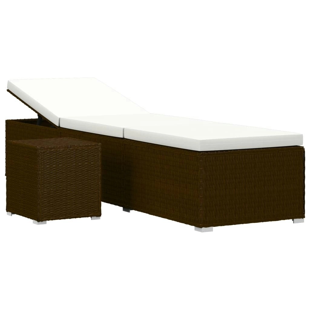 Sun Lounger with Cushion and Tea Table Poly Rattan Brown 46226