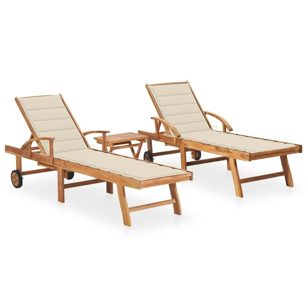 Sun Loungers 2 pcs with Table and Cushion Solid Teak Wood 3073173