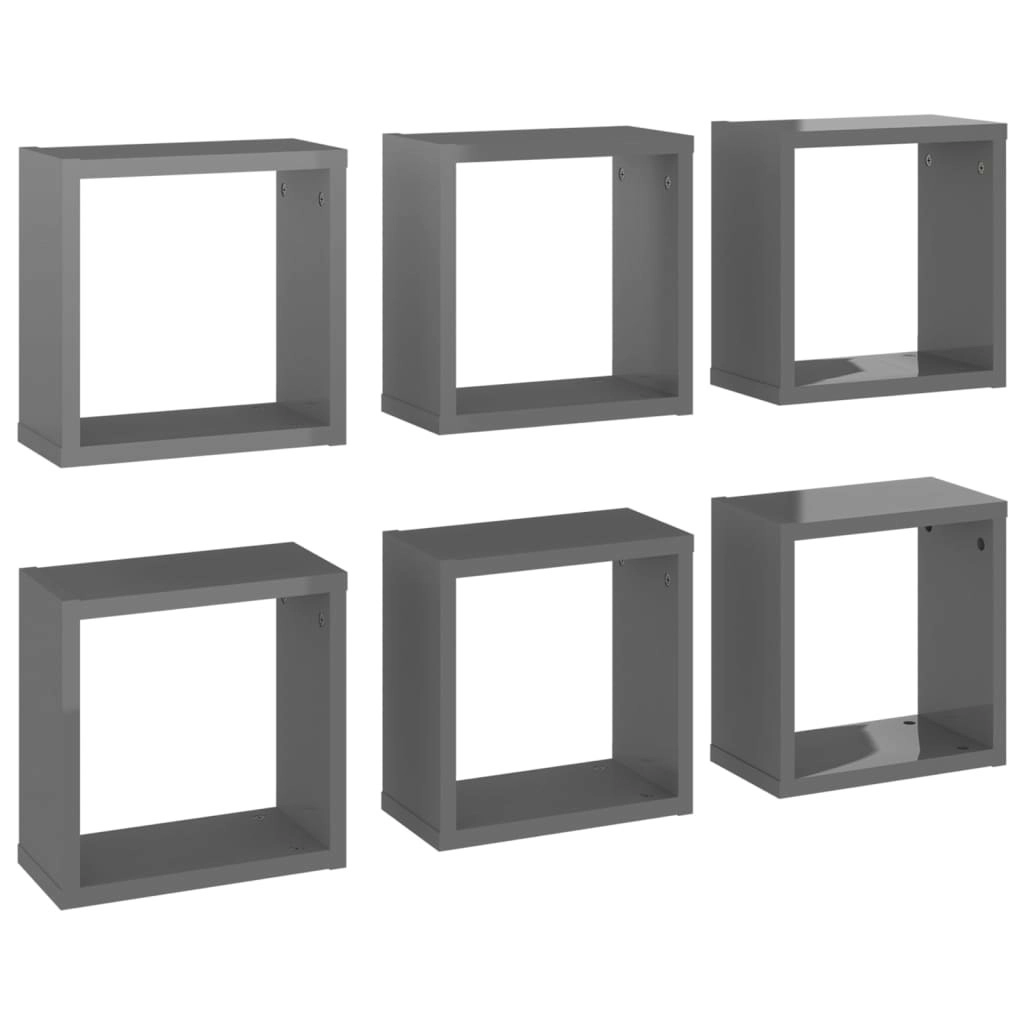 Wall Cube Shelves 6 pcs High Gloss Grey 30x15x30 cm 807024