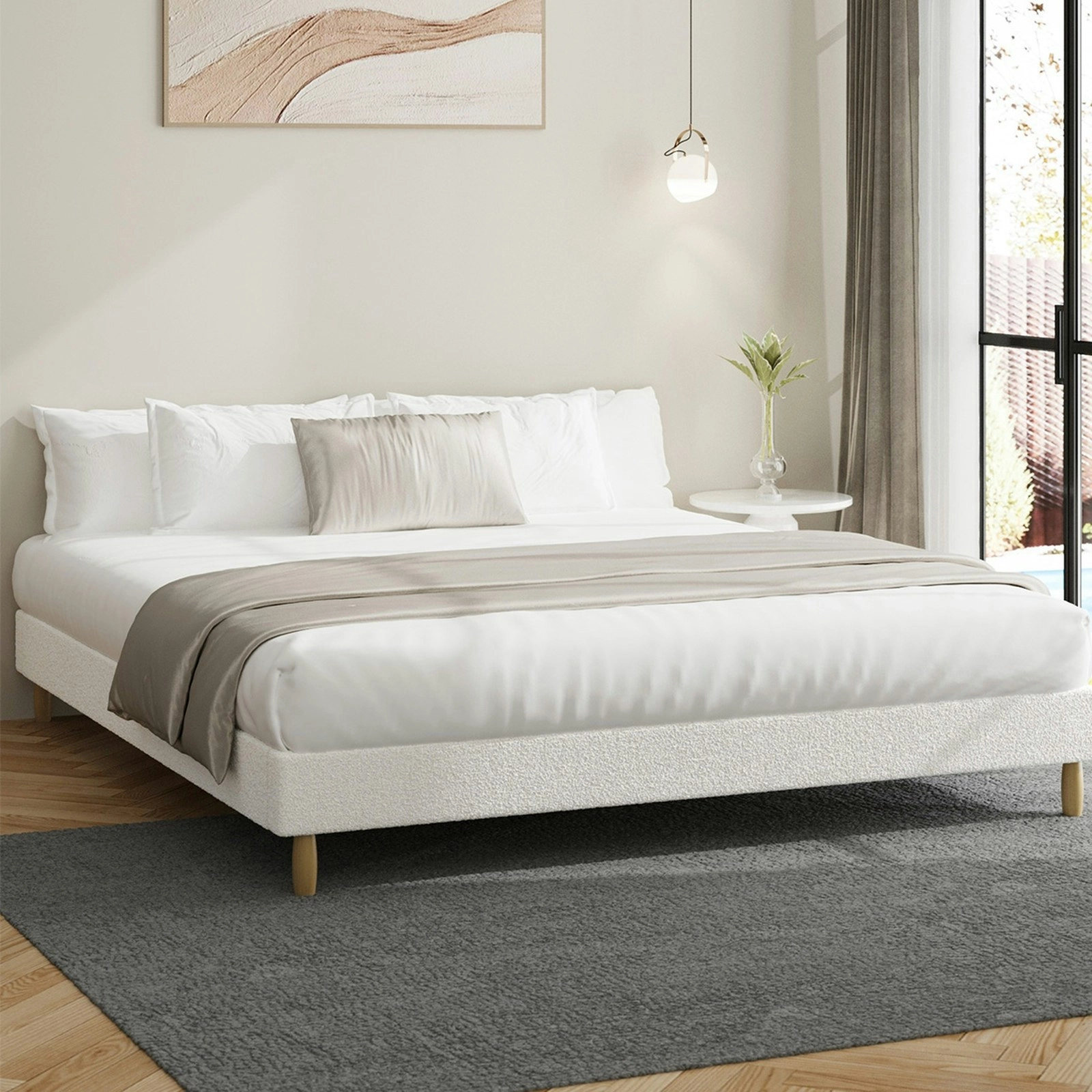 Oikiture Bed Frame King Size Bed Base White Boucle COMO