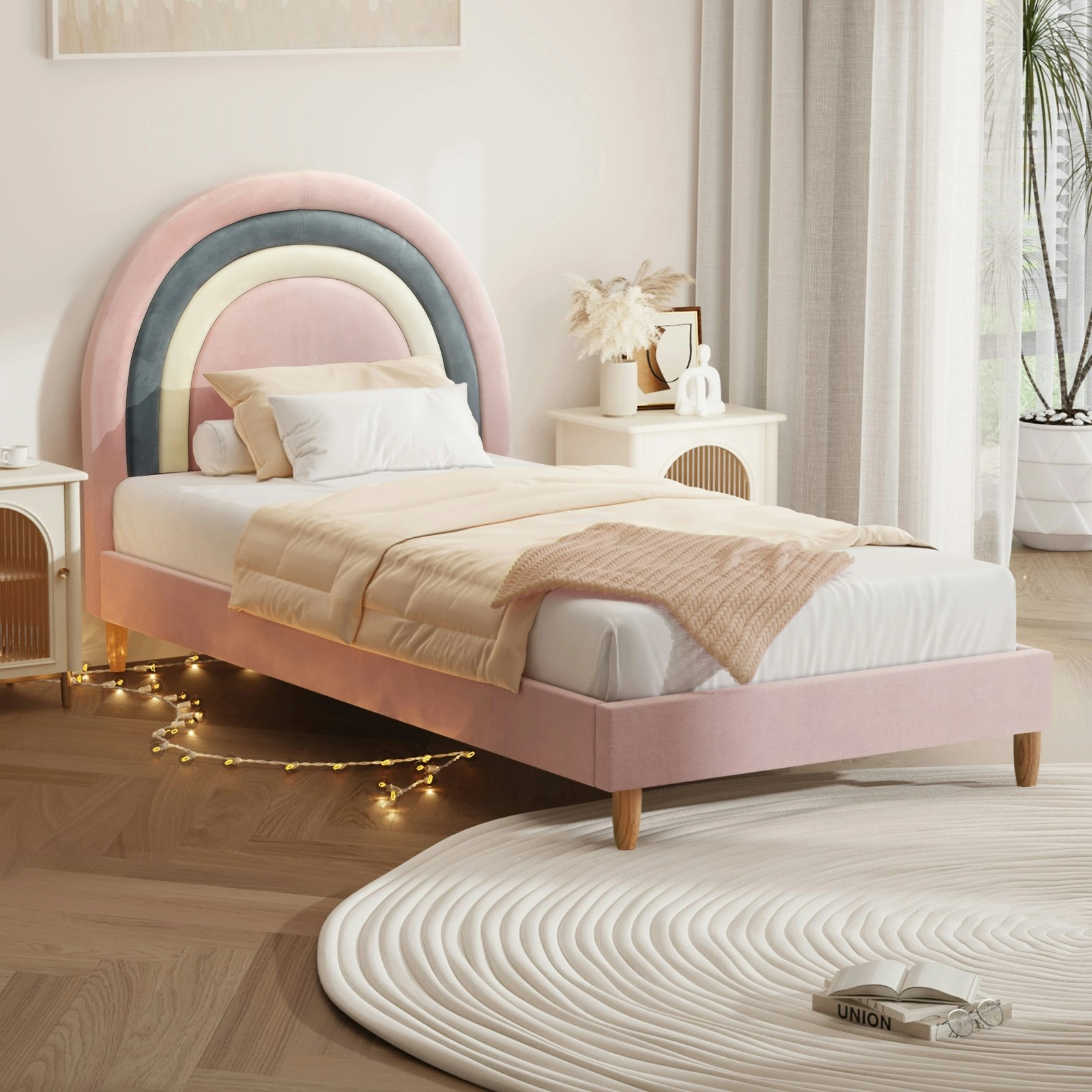 Oikiture Bed Frame Kids Single Bed Pink Velvet RABOW