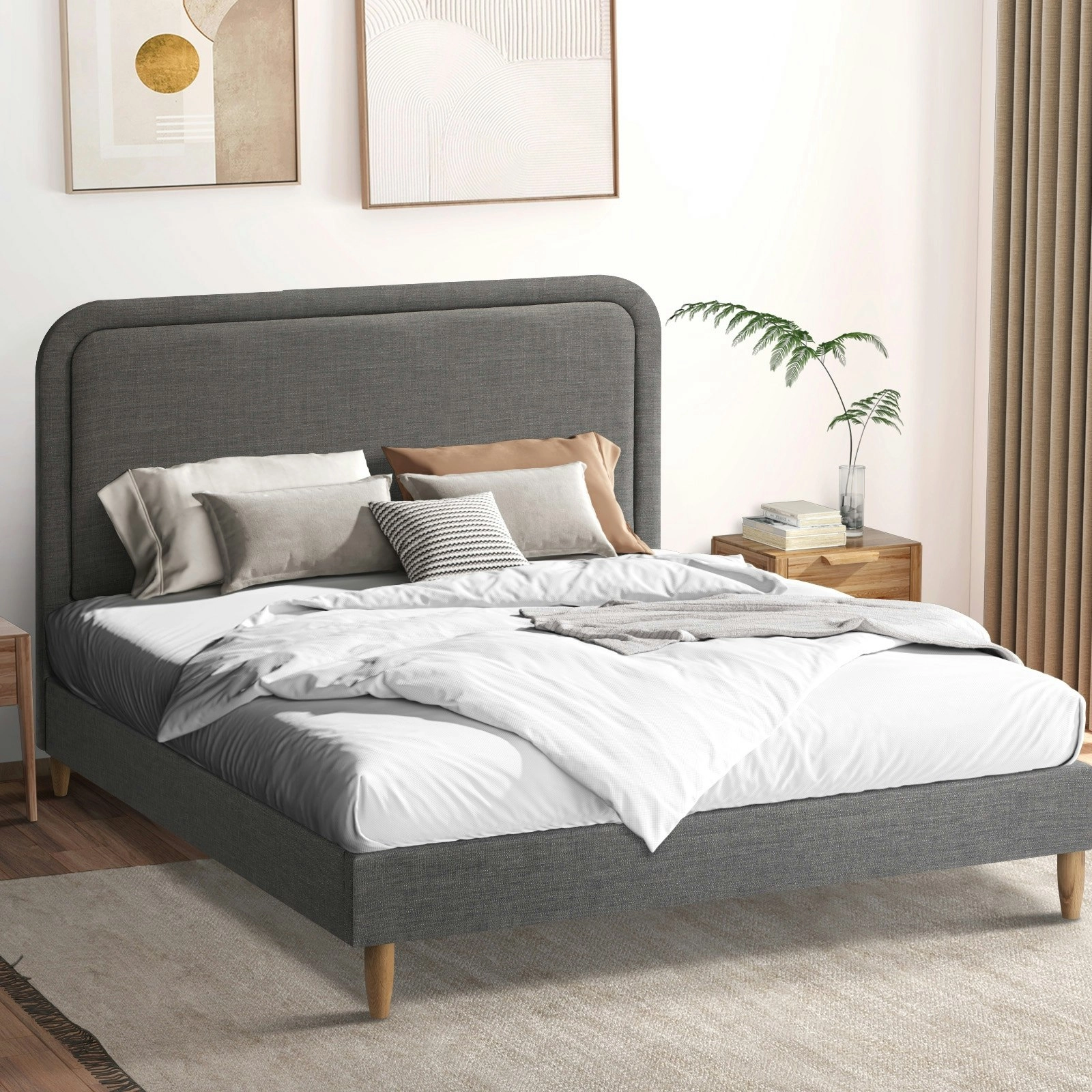 Oikiture Bed Frame Double Size Beds Base Platform Fabric Grey BOB