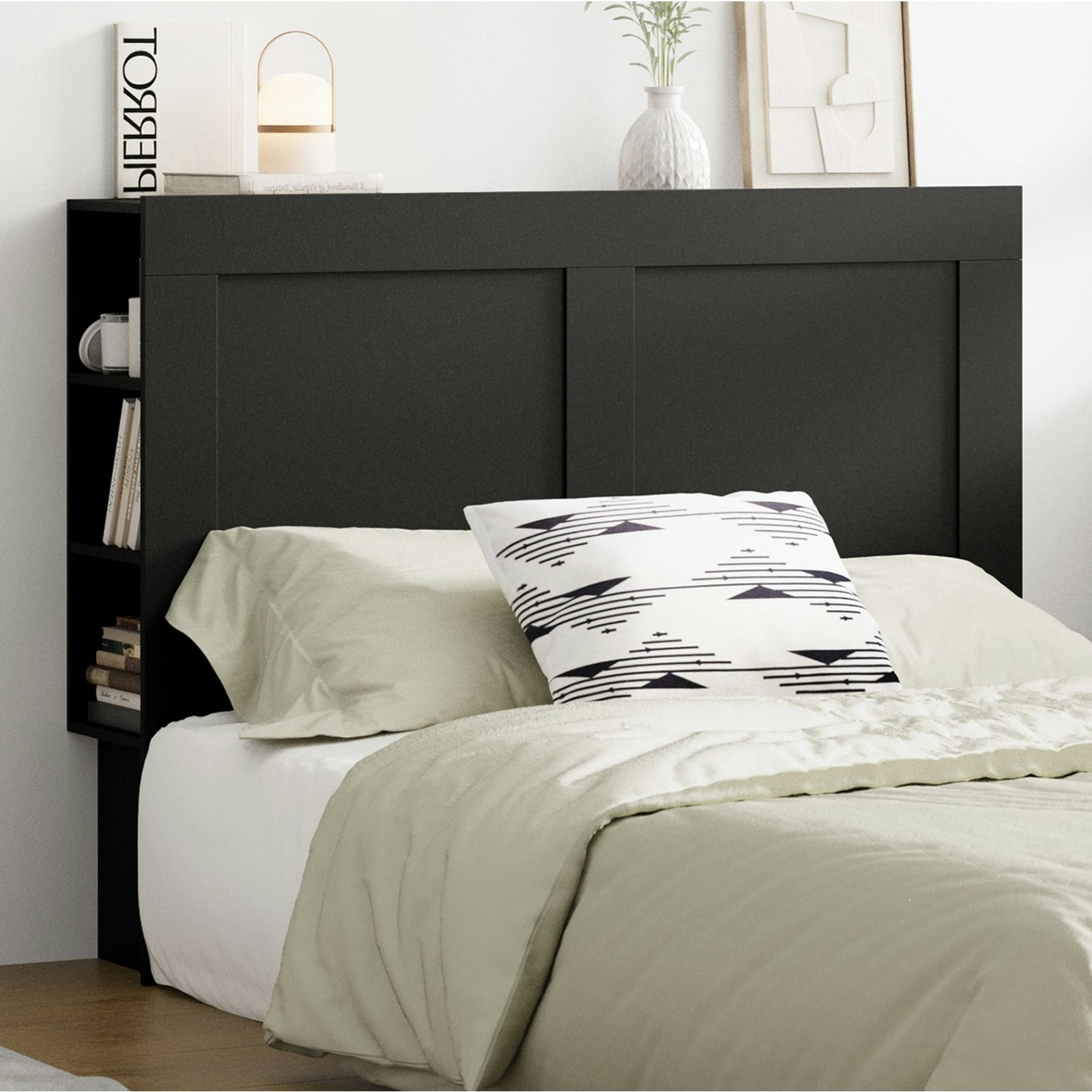 Oikiture Headboard Bed Head Queen Size Bedhead with Storage Shelves Black