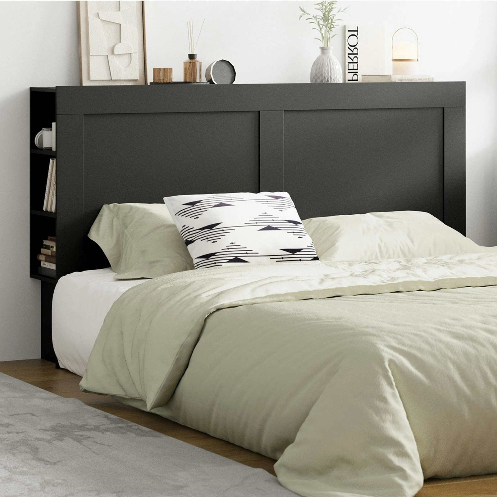 Oikiture Headboard Bed Head King Size Bedhead with Storage Shelves Black