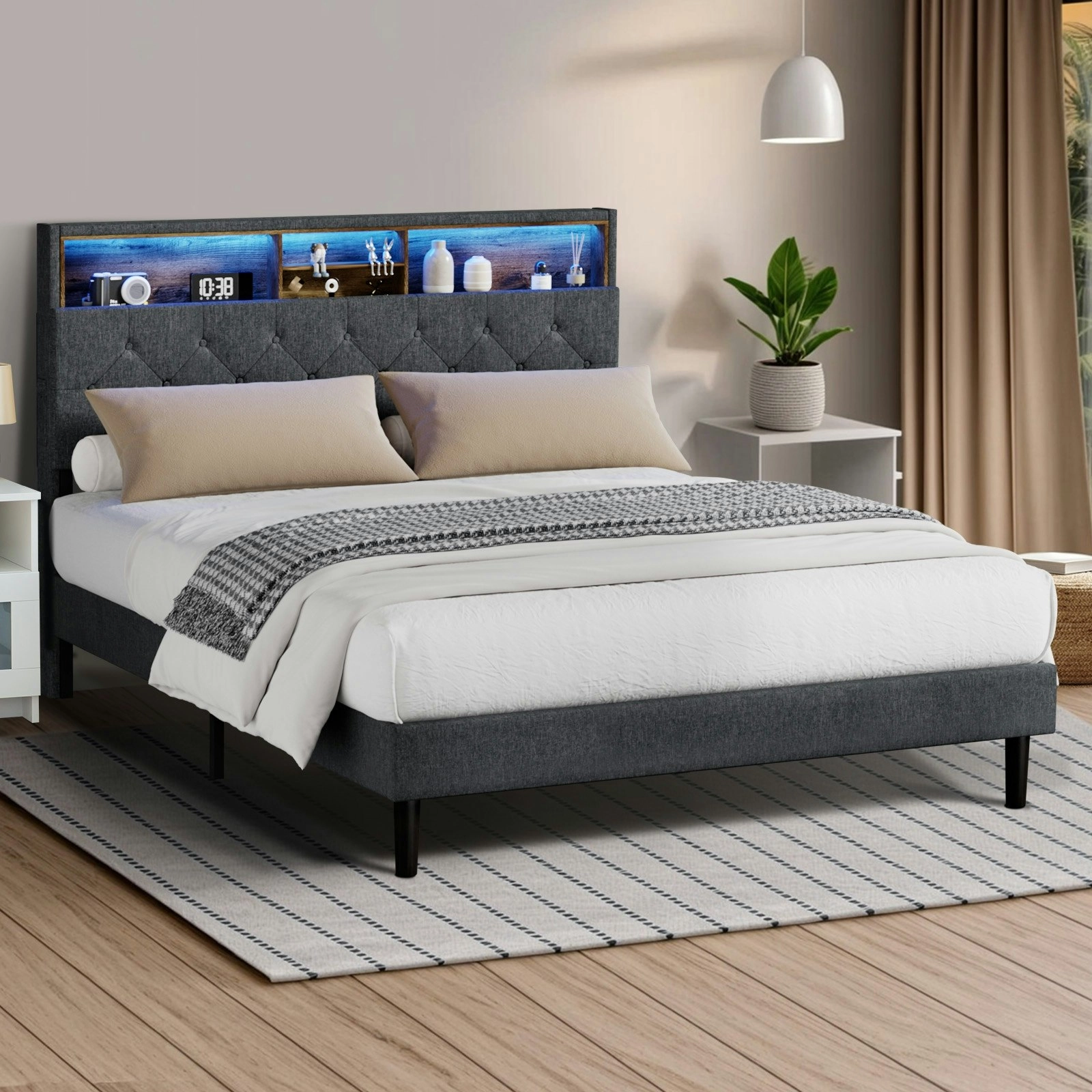 Oikiture Bed Frame Double Size Beds Base with LED Storage Bedhead NOVI