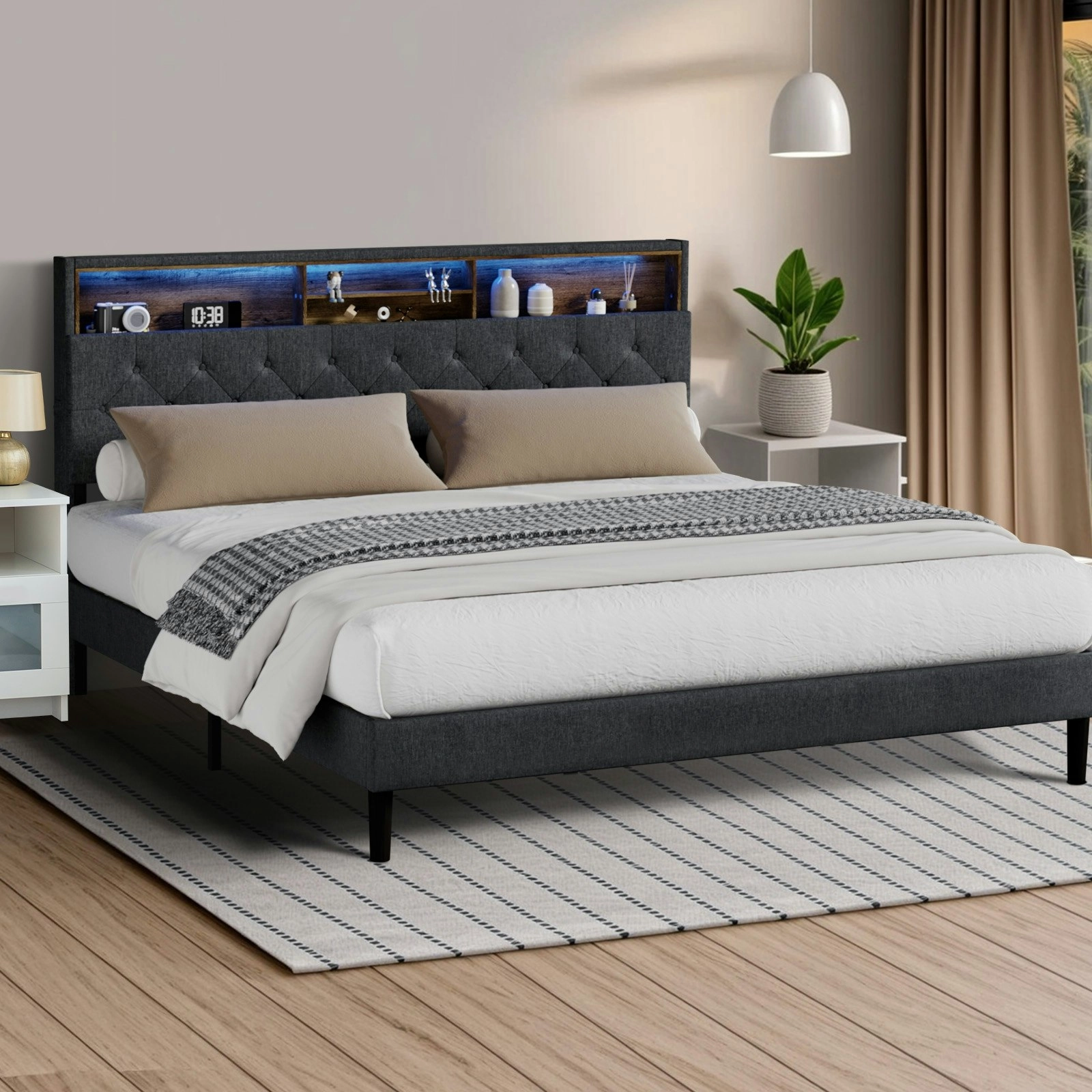 Oikiture Bed Frame King Size Beds Base with LED Storage Bedhead NOVI