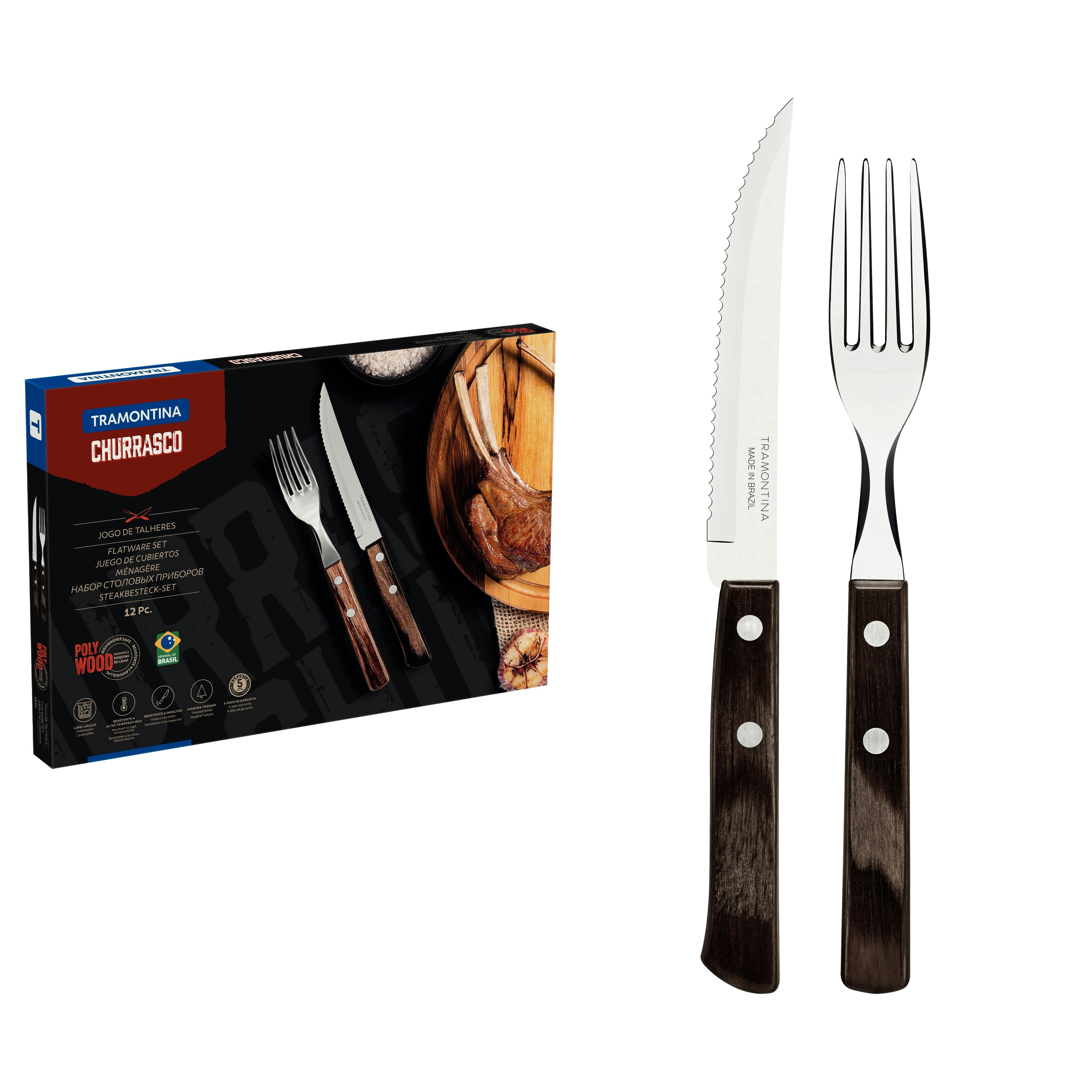 Tramontina 12-Piece Stainless-Steel Flatware Set with Brown Polywood Handles