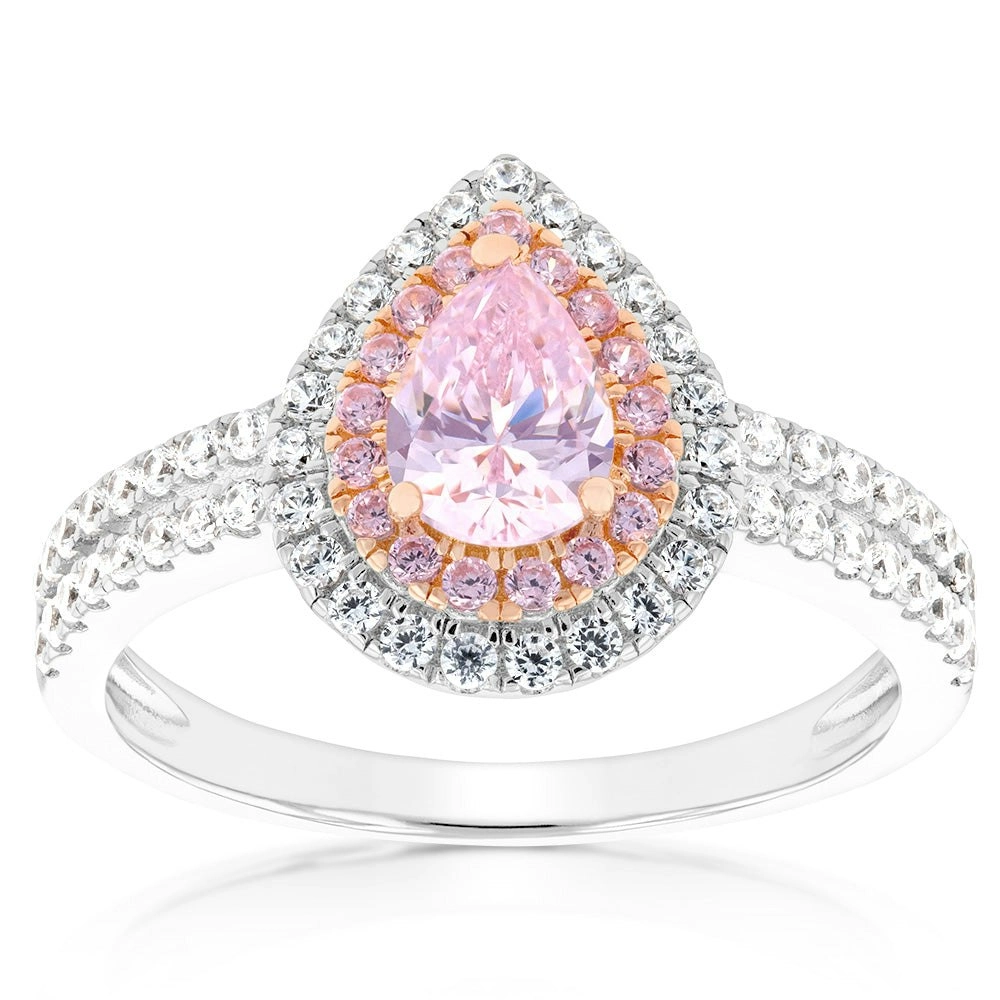 Sterling Silver Rhodium & Rose Gold Plated White & Pink CZ Pear Ring