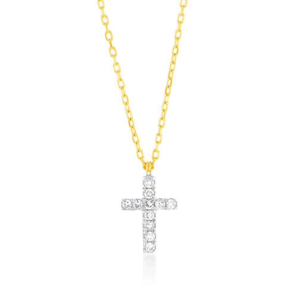 Luminesce Lab Diamond Petite Cross Pendant 9ct Yellow Gold on Adjustable 45cm Chain