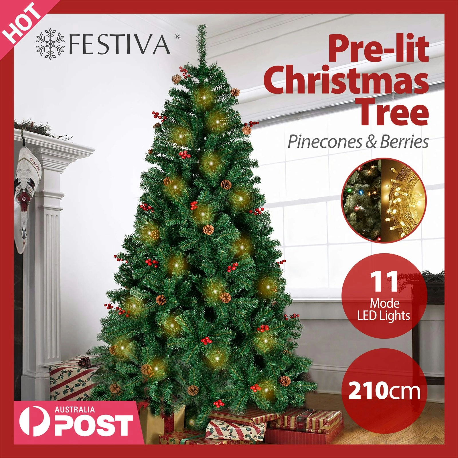 Christmas Tree With LED 2.1m Xmas Trees Pinecone & Berries Decorated