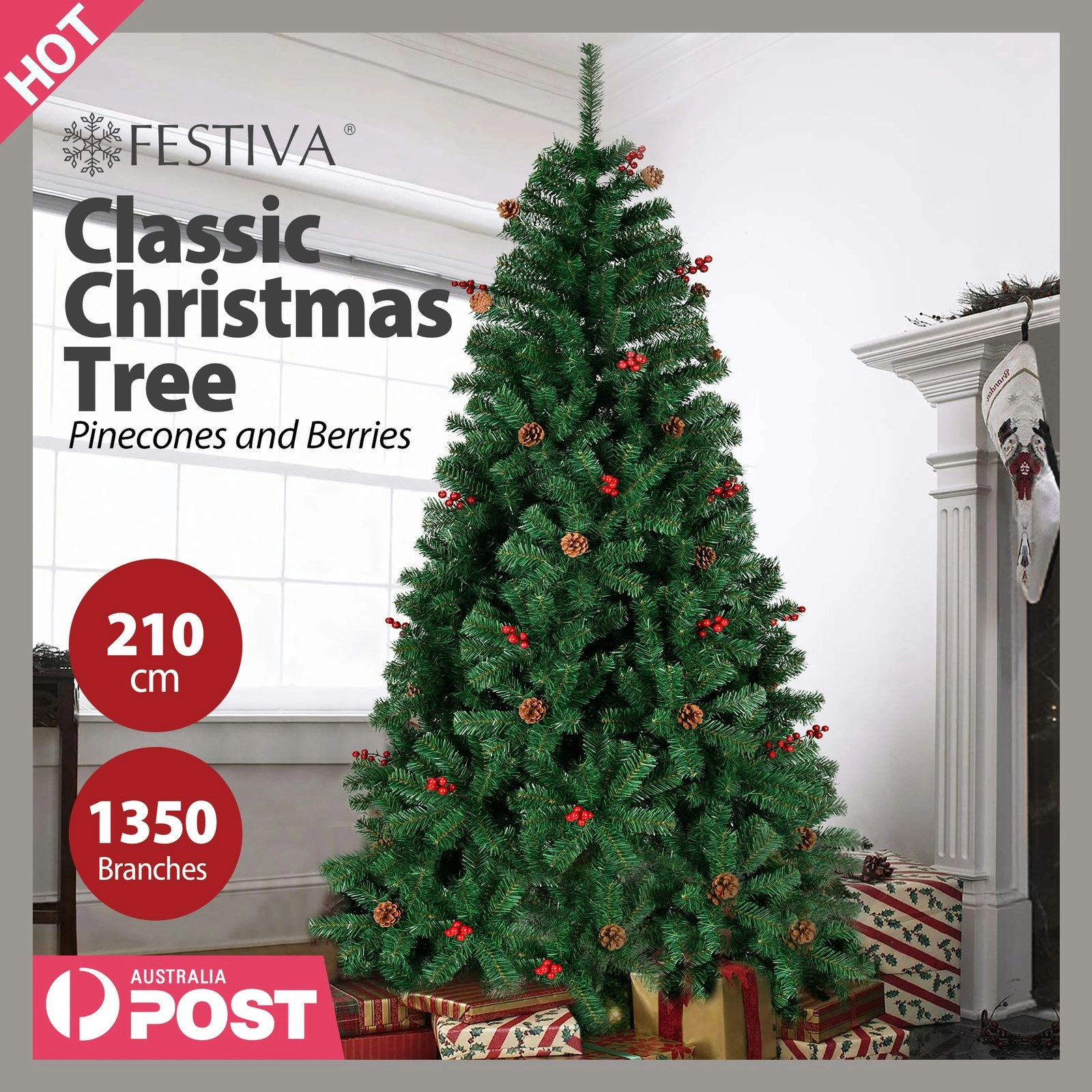 210cm Green Christmas Tree with Pinecones and Berries