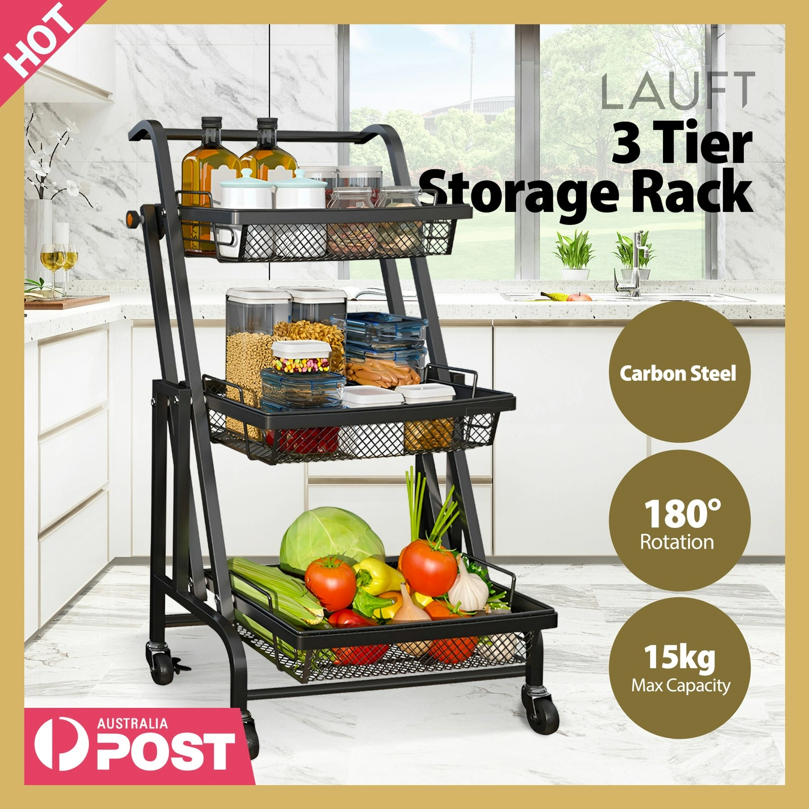 3 Tier Kitchen Trolley Cart Food Storage Rack Portable Shelf Organizer