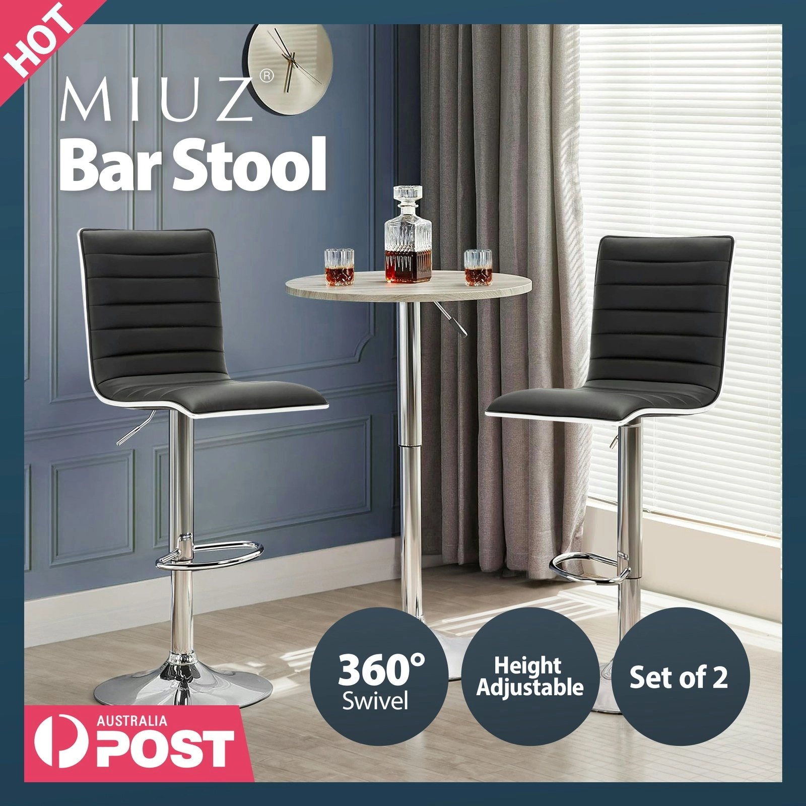 Bar Stools Kitchen Stool Chairs Dining Gas Lift Leather Swivel Seat - Set of 2