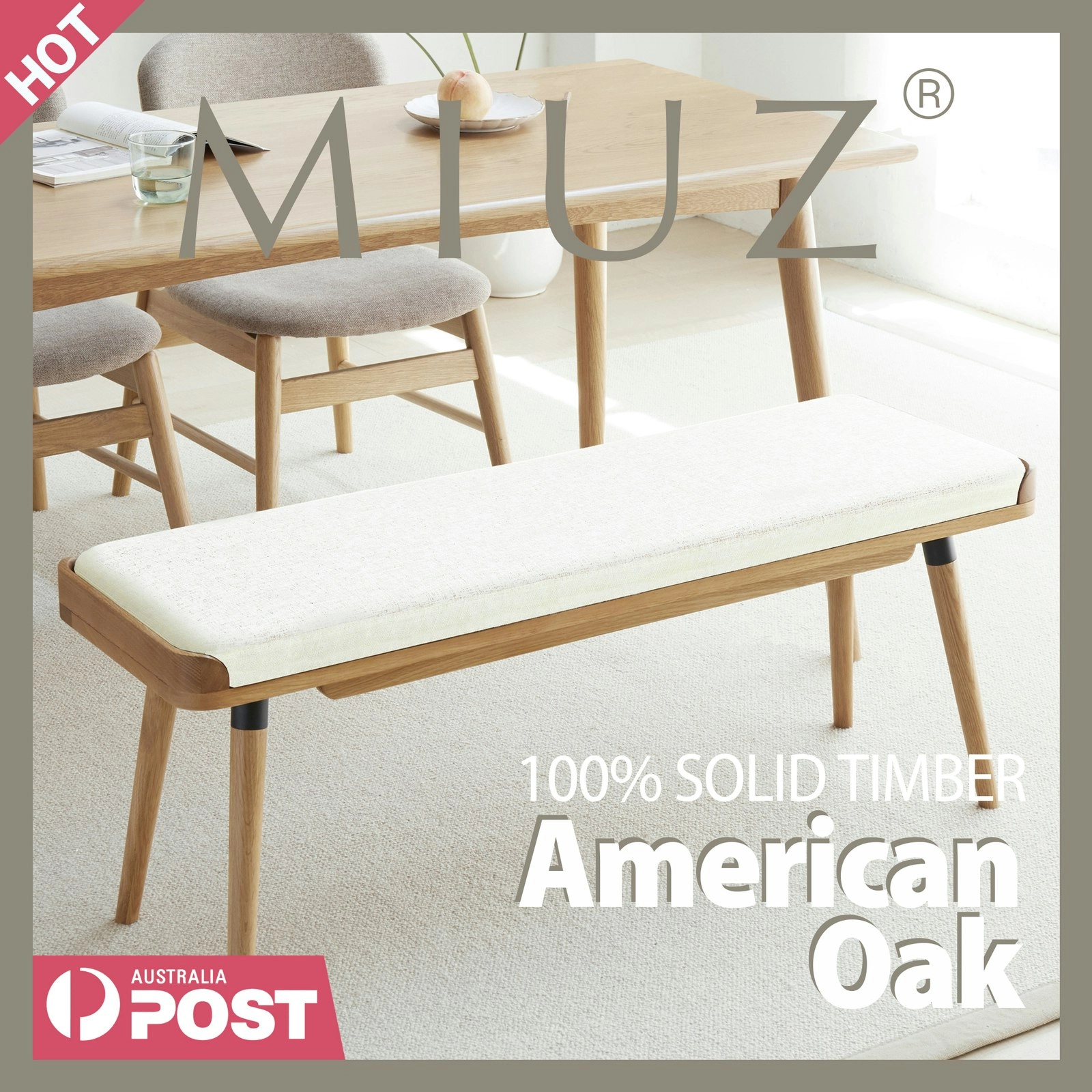 Dining Bench Solid Timber American White Oak Wood Kitchen Entryway Bedroom