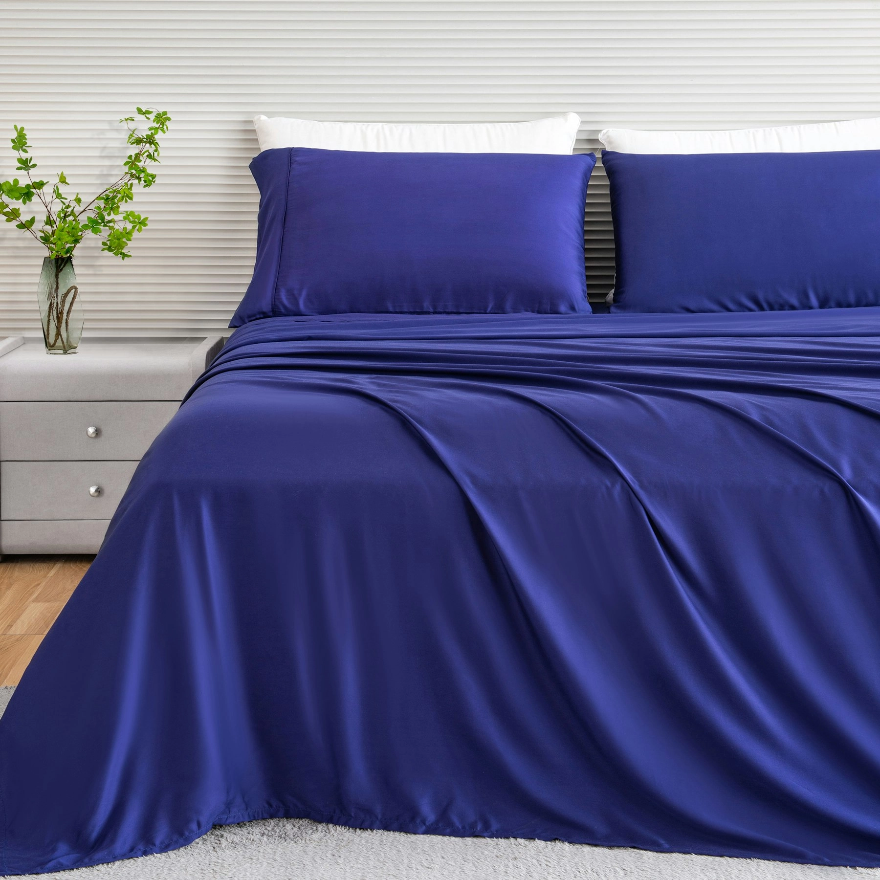 Linenova 100% Organic Bamboo Sheet Sets Cooling Soft 5 Sizes Bed Set,Navy