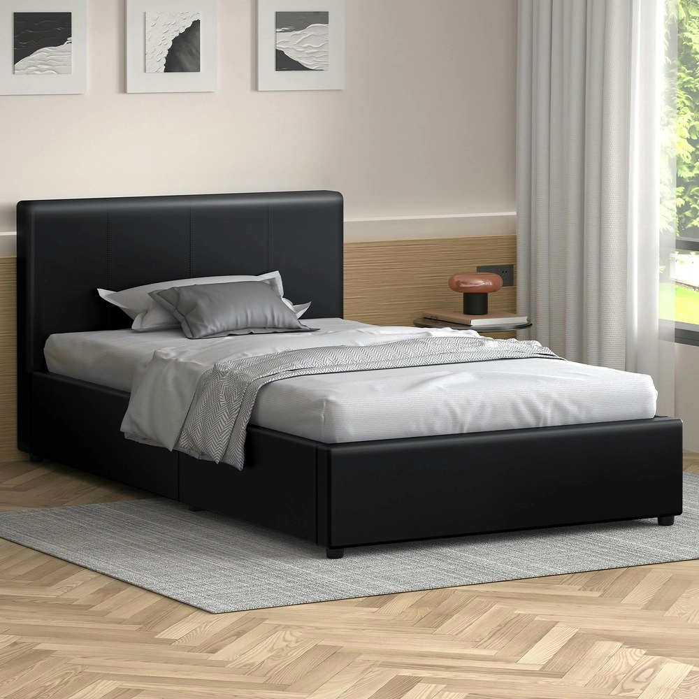 Alfordson Bed Frame King Single Gas Lift Storage Base Black Leather CALLA