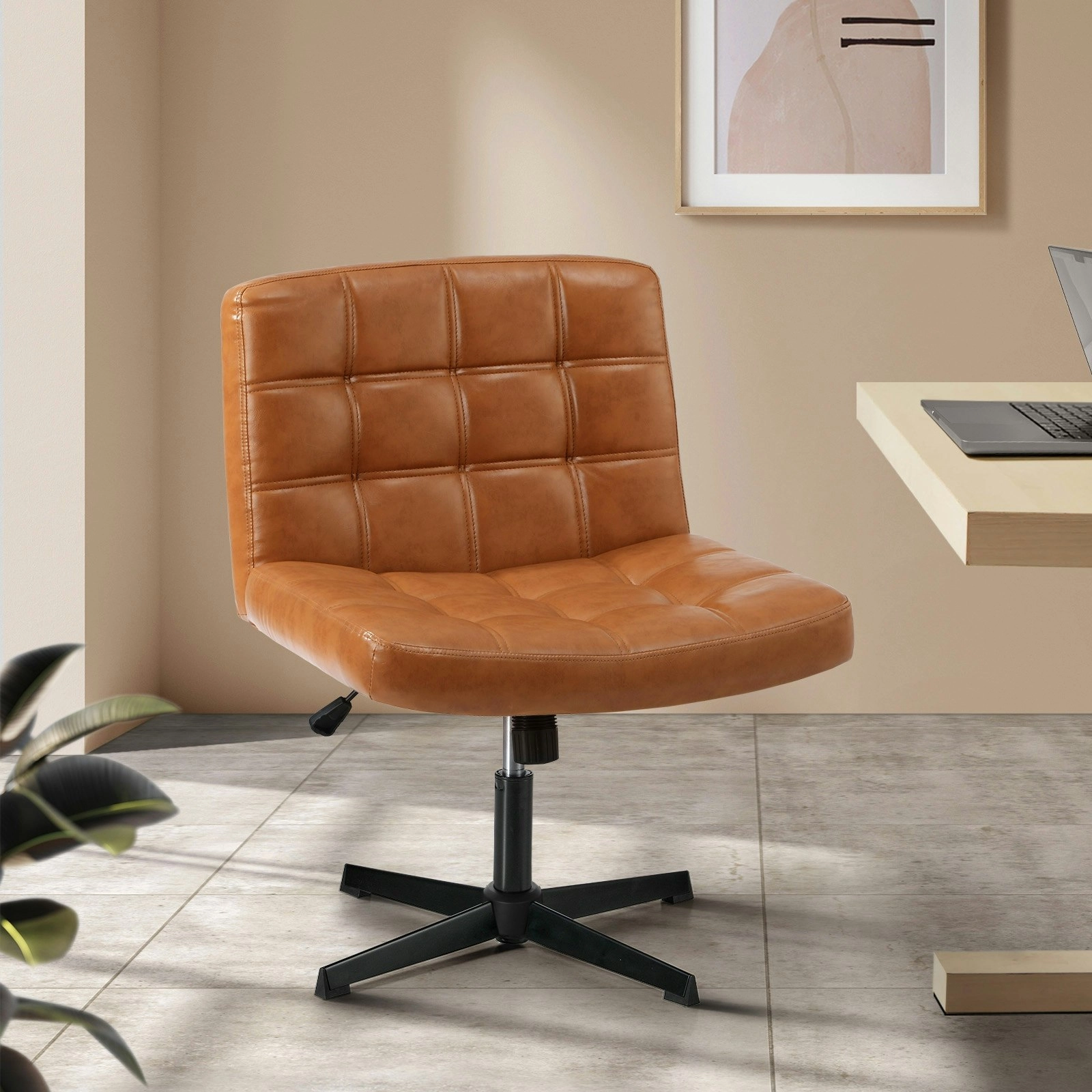 Oikiture Mid Back Armless Office Desk Chair Wide Seat Leather Brown No Wheels