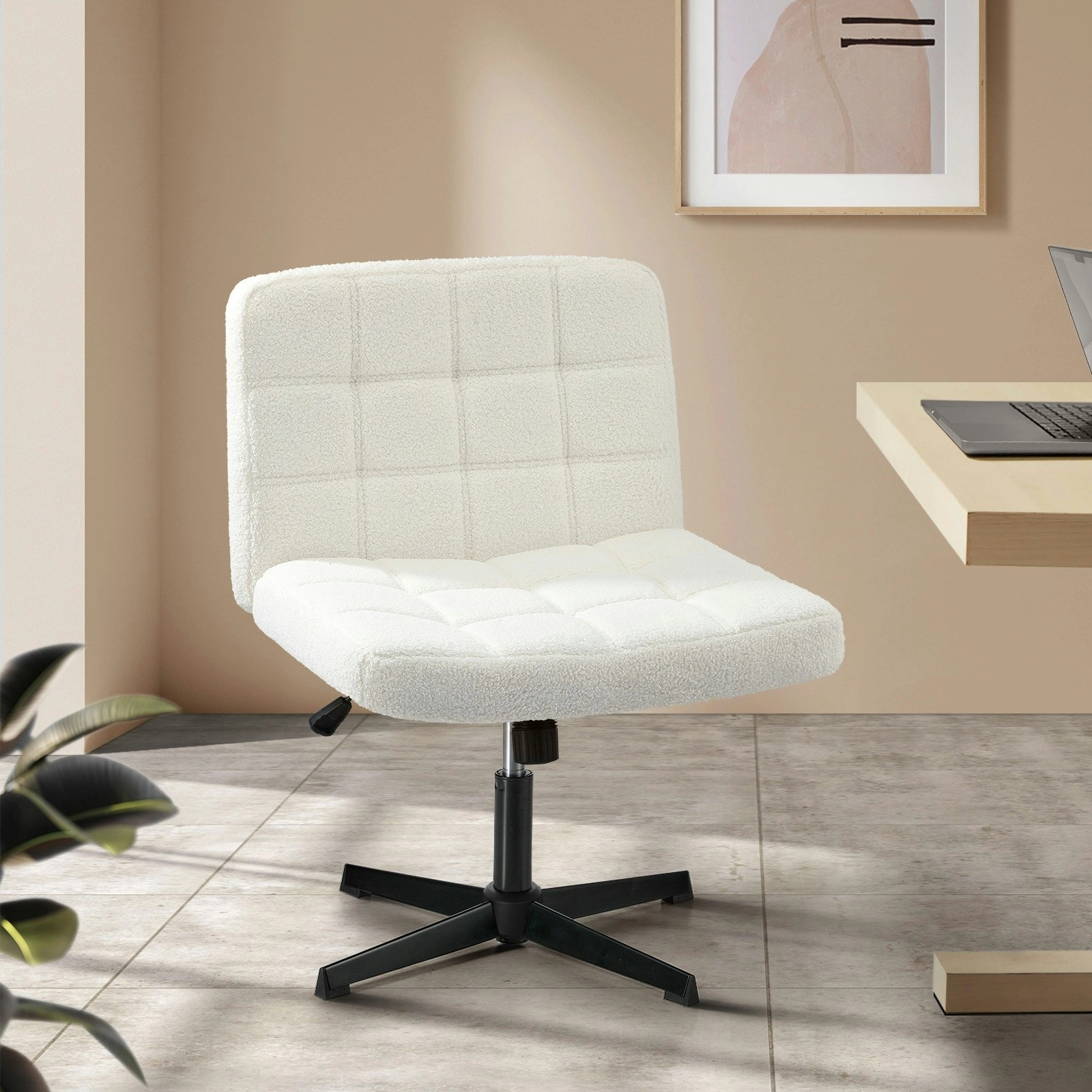 Oikiture Mid Back Armless Office Desk Chair Wide Seat Boucle White No Wheels