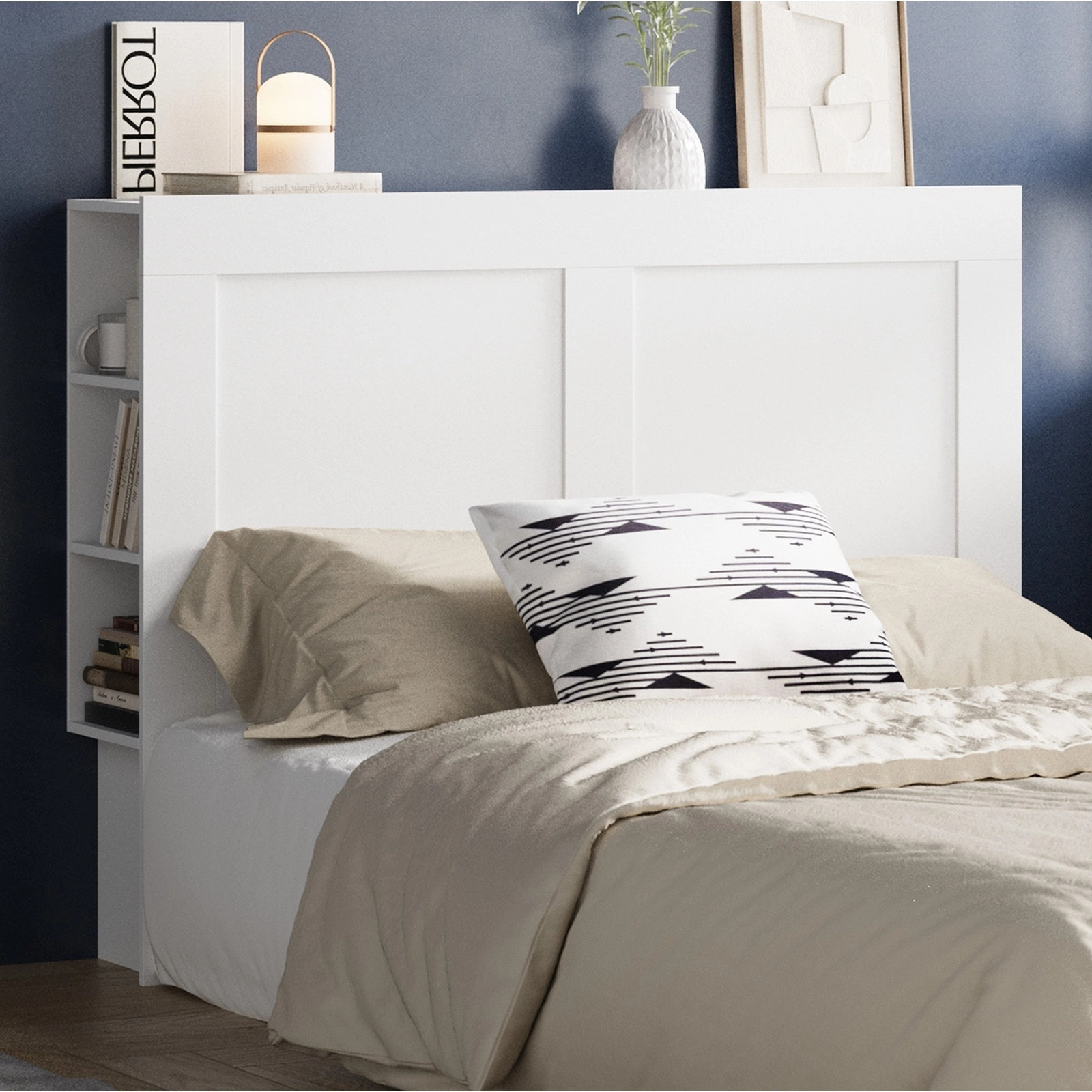 Oikiture Headboard Bed Head Double Size Bedhead with Storage Shelves White