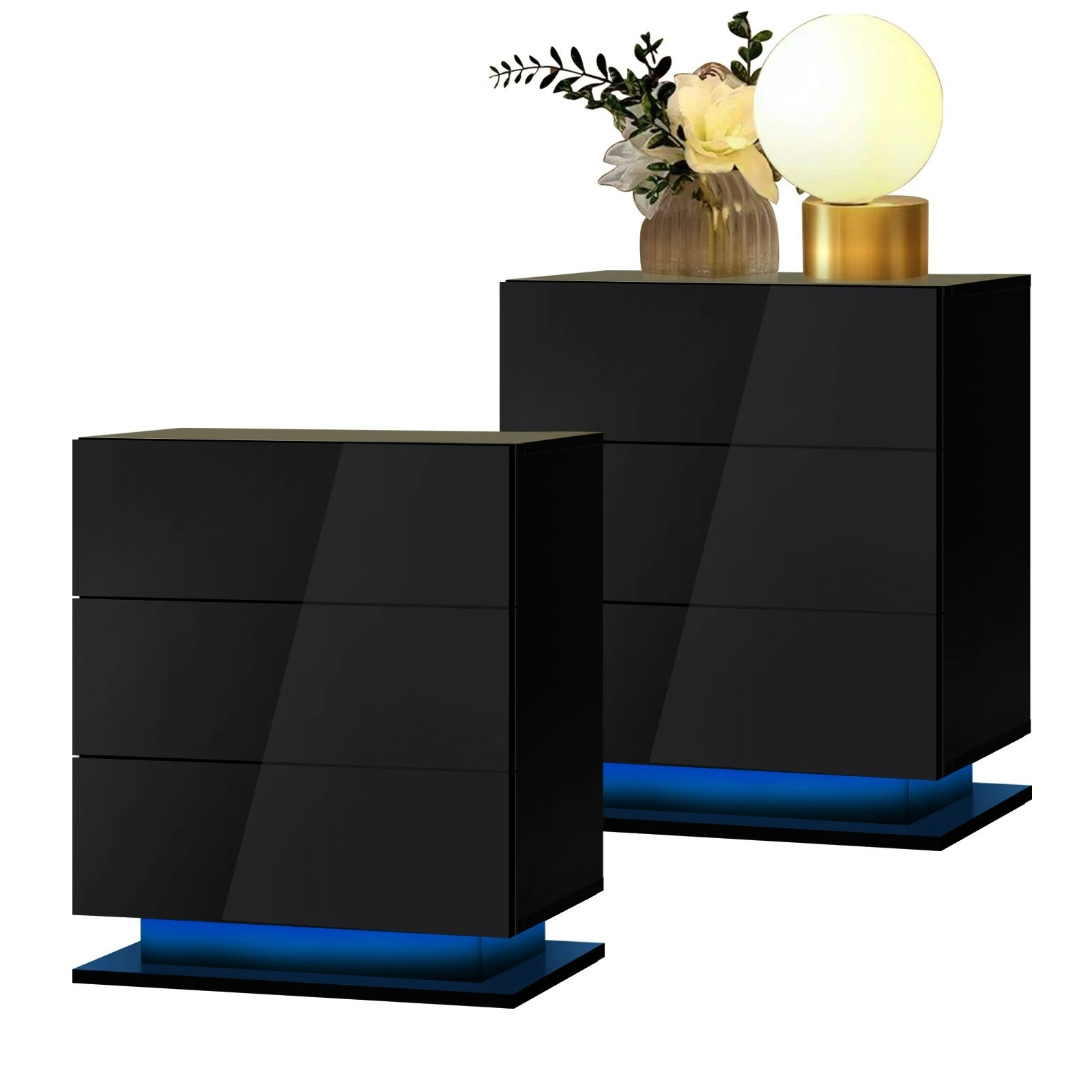 Oikiture Bedside Tables Set of 2 LED Nightstand Cabinet 3 Drawers Side Table